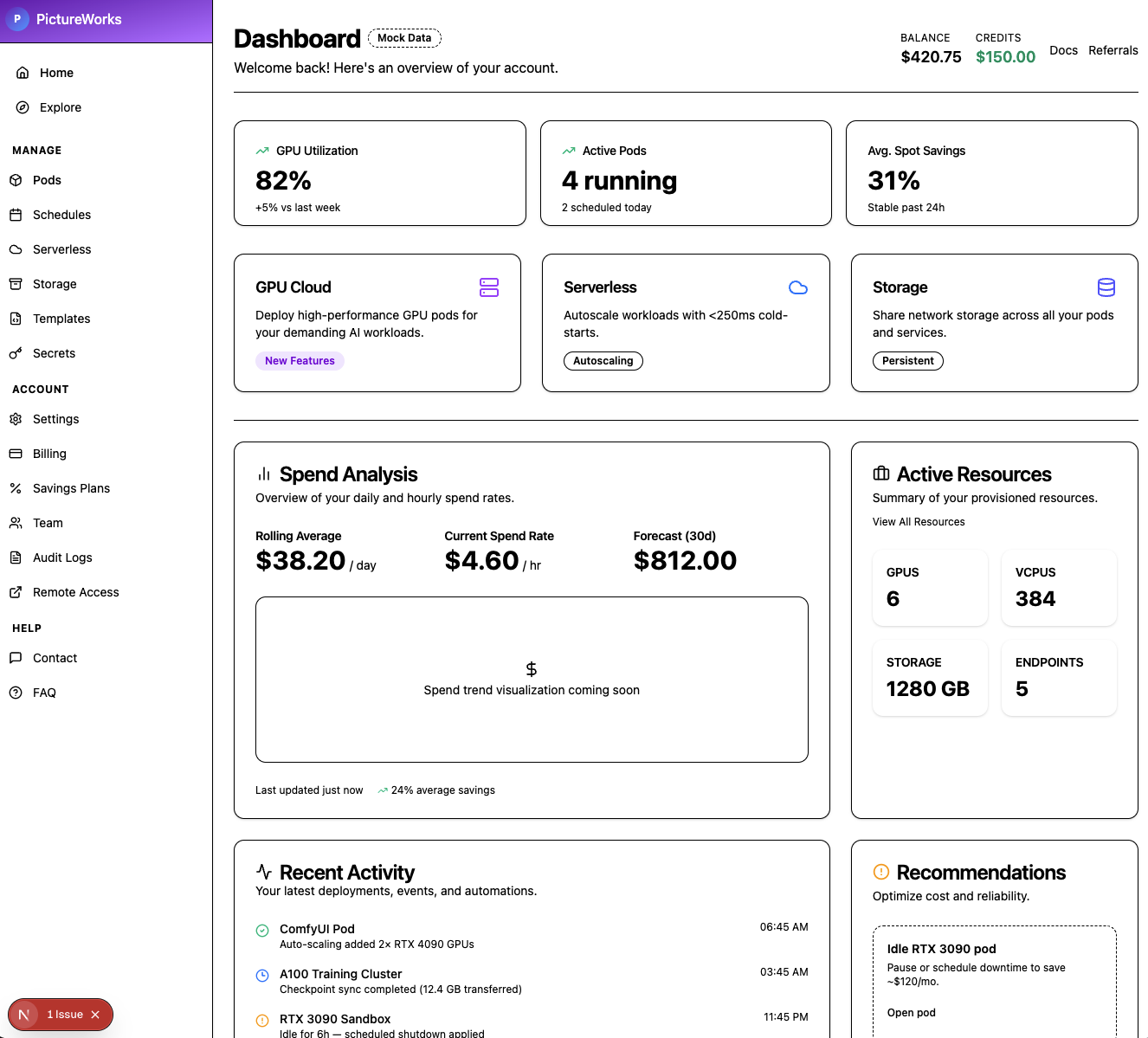 Dashboard with utilization, spend analysis, resource summary, and recommendations.