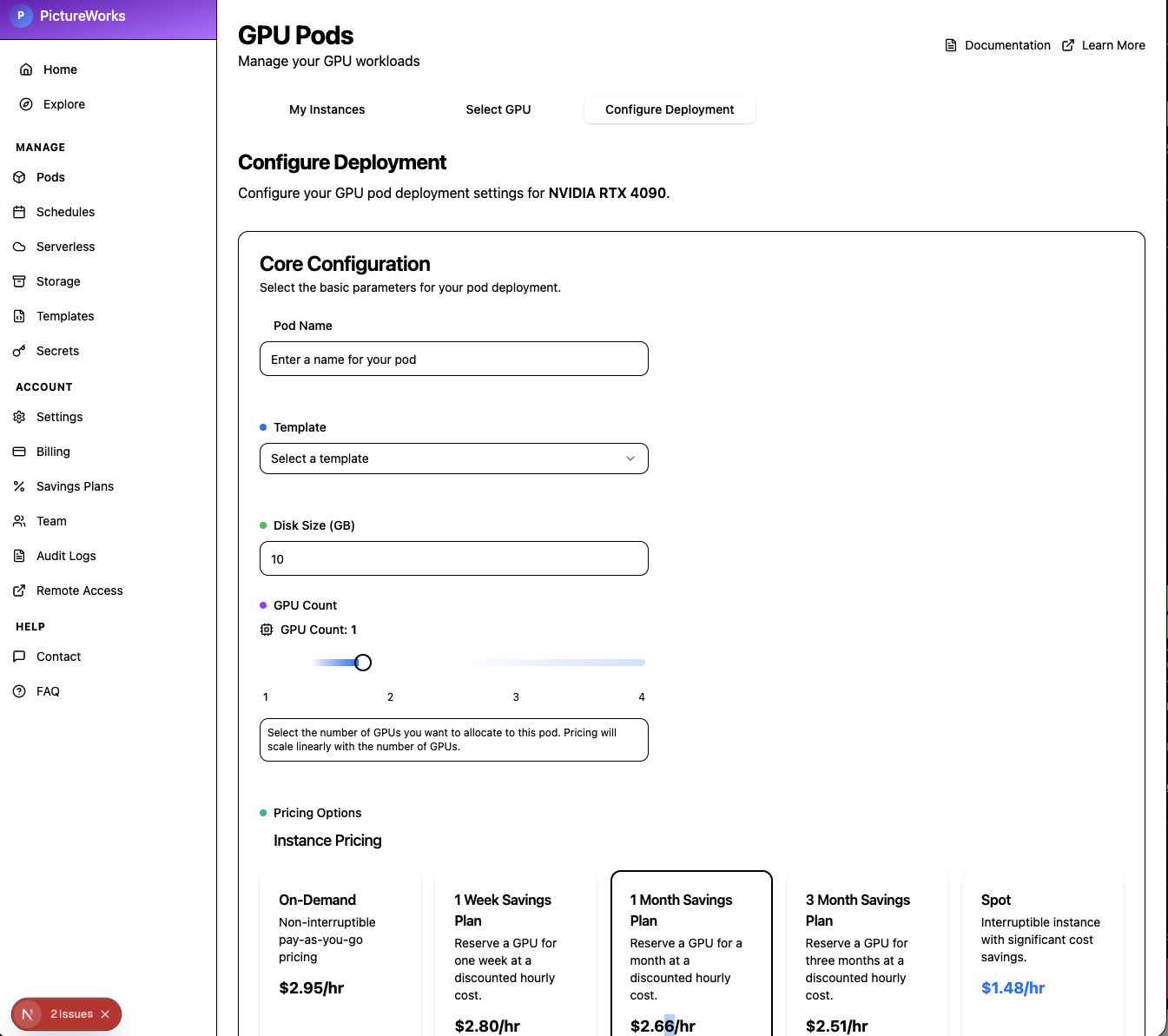 Advanced options screen with scheduling toggle, encryption, SSH, and Jupyter settings plus cost estimate.