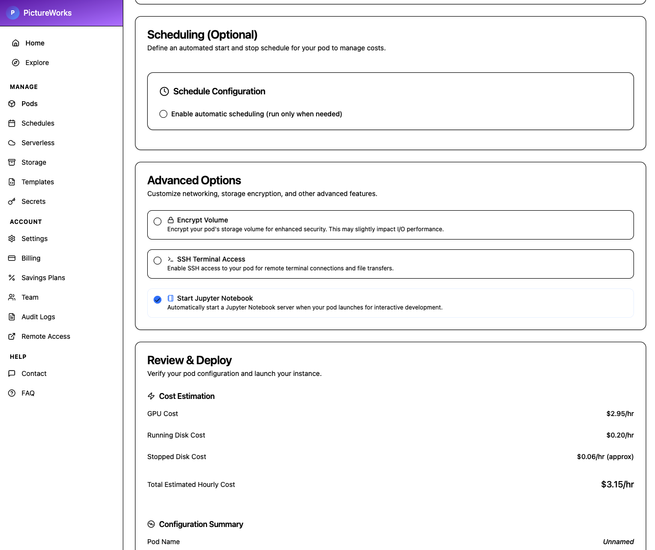 Configure deployment screen showing pod naming, template, disk size, GPU count, and pricing options.