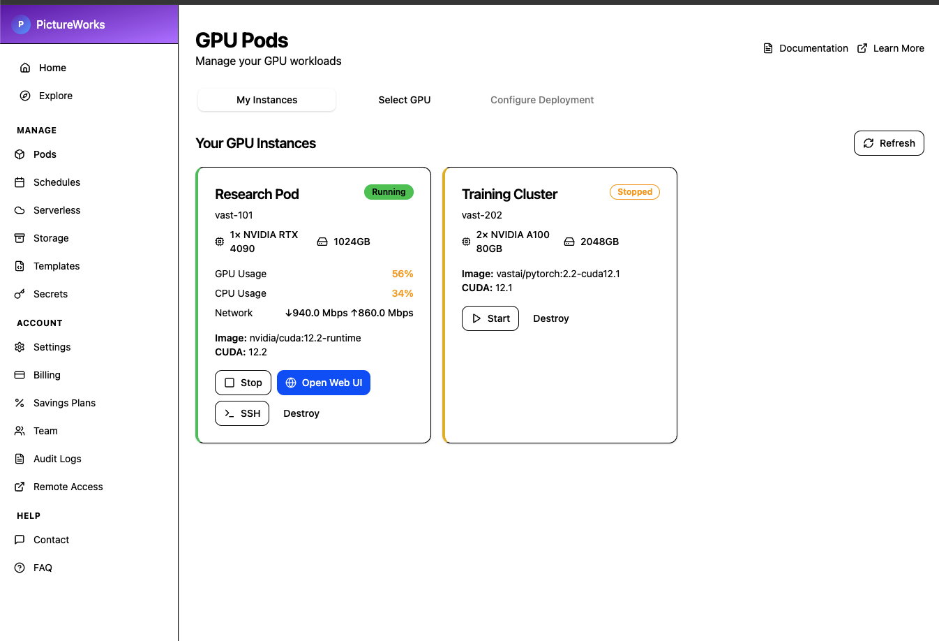 GPU pods view showing running and stopped pods with quick actions.