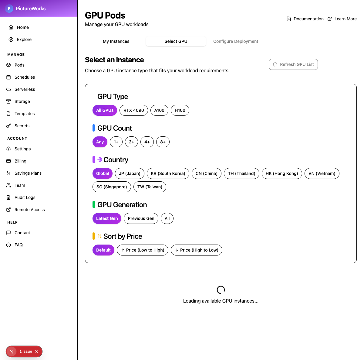 GPU selector interface with filters for GPU type, count, country, generation, and price.